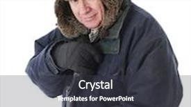  Presentation with snow shovel - PPT theme featuring close-up view of a happy senior man bundled for winter and leaning on a snow shovel's handle on a white background background and a dark gray colored foreground