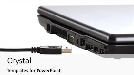  Presentation with connector - Slides enhanced with close-up view of a usb connector by a laptop computer's usb ports isolated on white background and a white colored foreground