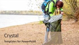  Presentation with tent - Presentation design with close up woman hold tent while setting up tent in forest background and a lemonade colored foreground