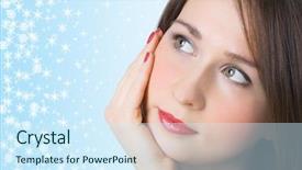  Presentation with look - Presentation design with close-up woman portrait look up with snowflake background and a cool aqua colored foreground