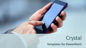  Presentation with telephone mobile - PPT theme featuring up of women's hand background and a sky blue colored foreground