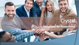  Presentation with multiracial team of young doctors stacking hands - PPT theme featuring close up young business team background and a coral colored foreground