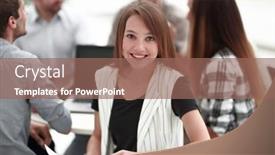  Presentation with employee - PPT theme having close-up-young-employee background and a violet colored foreground