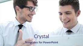  Presentation with employees - Presentation theme featuring close up young employees use background and a sky blue colored foreground