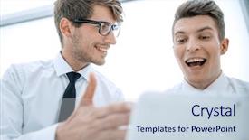  Presentation with employees - Audience pleasing slide set consisting of close up young employees use backdrop and a sky blue colored foreground