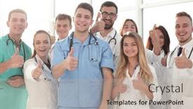 Presentation with professionals - Audience pleasing PPT theme consisting of close-up-young-medical-professionals backdrop and a mint green colored foreground