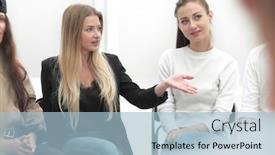  Presentation with meeting - Slide set having close-up-young-people-discussing background and a light blue colored foreground