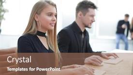  Presentation with computers - Amazing slide deck having close-up-young-people backdrop and a coral colored foreground