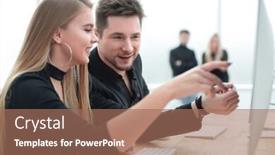  Presentation with computers - Slide deck featuring close-up-young-people background and a coral colored foreground