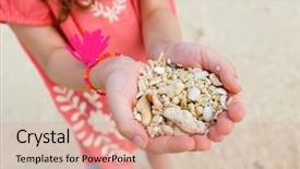  Presentation with sea shells - Beautiful slide deck featuring close up of a little girl holding sea shells and corals in her hands backdrop and a coral colored foreground