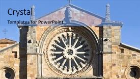  Presentation with facade - Slides consisting of close view of the rose window in the saint peters church facade located in avila spain background and a light blue colored foreground