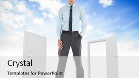  Presentation with open door - Amazing presentation design having closed and open door backdrop and a light gray colored foreground