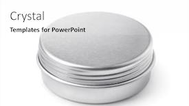  Presentation with container - Slide set with closed blank metal round container isolated on white background and a white colored foreground