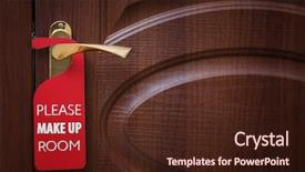  Presentation with privacy - Amazing PPT theme having closed door with sign please backdrop and a wine colored foreground