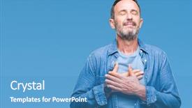  Presentation with man head in hands - Audience pleasing presentation design consisting of gratefull - middle age hoary senior man backdrop and a teal colored foreground