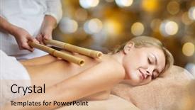  Presentation with young healthy people - Colorful PPT layouts enhanced with closed eyes and having bamboo backdrop and a  colored foreground