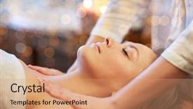  Presentation with young healthy people - Cool new presentation design with closed eyes and having massage backdrop and a coral colored foreground