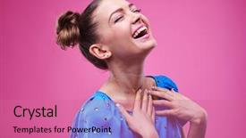  Presentation with girl model - Presentation design having closed eyes isolated over pink background and a coral colored foreground