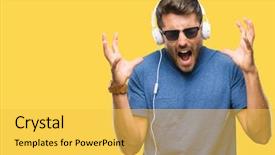  Presentation with old wite man and his music - PPT theme featuring closed eyes screaming excited winner background and a yellow colored foreground