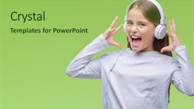  Presentation with music headphones - Cool new slides with closed eyes screaming excited winner backdrop and a  colored foreground