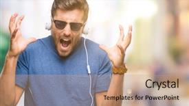  Presentation with music headphones - PPT theme enhanced with closed eyes screaming excited winner background and a coral colored foreground