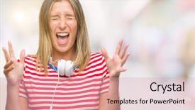  Presentation with listening woman - Audience pleasing presentation theme consisting of closed eyes screaming excited winner backdrop and a  colored foreground