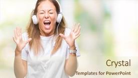  Presentation with listening woman - Audience pleasing presentation design consisting of closed eyes screaming excited winner backdrop and a  colored foreground