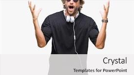  Presentation with music headphones - PPT theme with closed eyes screaming excited winner background and a  colored foreground