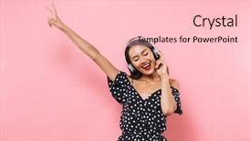  Presentation with music headphones - PPT theme enhanced with closed holiday - happy brunette woman in dress background and a lemonade colored foreground