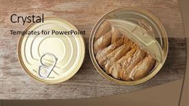  Presentation with closed - Colorful slide deck enhanced with closed tin cans with fish backdrop and a  colored foreground