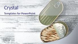 Presentation with closed - Theme having closed tin cans with fish background and a sky blue colored foreground
