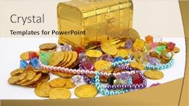  Presentation with treasure gold - PPT theme having closed-treasure-chest-with-gold background and a yellow colored foreground