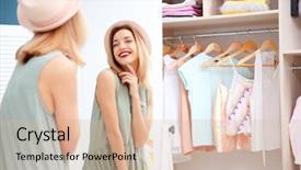  Presentation with mirror - Slides consisting of collection department - young woman looking into mirror background and a soft green colored foreground