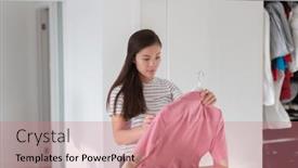  Presentation with online app - Beautiful slides featuring closet-cleaning-asian-woman-organizing backdrop and a coral colored foreground