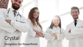  Presentation with group - PPT layouts featuring closeup a group of doctors background and a light gray colored foreground
