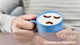  Presentation with milk powder - Colorful PPT layouts enhanced with closeup a young caucasian man with a blue cup of cappuccino with a sad face drawn with cocoa powder on the milk foam backdrop and a coral colored foreground