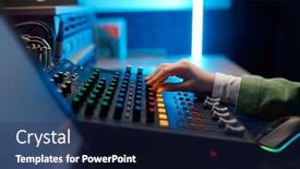  Presentation with control panel - Presentation design having closeup-audio-engineer-hand background and a navy blue colored foreground