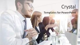  Presentation with team - Slide deck enhanced with computer management - closeup business team discussing background and a  colored foreground