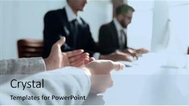  Presentation with abstract business - Cool new presentation design with closeup business team sitting backdrop and a light blue colored foreground