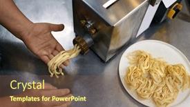  Presentation with pasta restaurant - Theme with closeup-chef-using-pasta-maker background and a tawny brown colored foreground