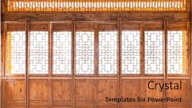  Presentation with sunshine - PPT theme featuring closeup chinese old wooden frame background and a coral colored foreground