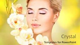  Presentation with skin health - PPT layouts having closeup face of an young woman with health skin and flowers at face beauty treatment concept background and a blonde colored foreground