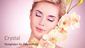  Presentation with skin health - Cool new presentation design with closeup face of an young woman with health skin and flowers at face beauty treatment concept backdrop and a lemonade colored foreground