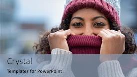  Presentation with knitted clothes - Colorful presentation design enhanced with closeup face of happy african girl holding woolen scarf with hands over nose to protect from the frost beautiful young woman in warm winter knitted clothes covering her face and looking at camera backdrop and a light blue colored foreground