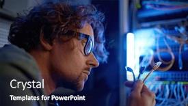  Presentation with server room - Presentation design with closeup-face-of-male-network background and a navy blue colored foreground