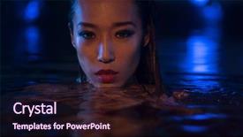  Presentation with blue lights - Slides with closeup face of sexy asian woman with wet hair standing in the swimming pool and looking into the camera during summer evening over blue lights background background and a wine colored foreground