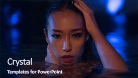  Presentation with blue lights - Colorful PPT layouts enhanced with closeup face of sexy asian woman with wet hair standing in the swimming pool and looking into the camera during summer evening over blue lights background backdrop and a navy blue colored foreground