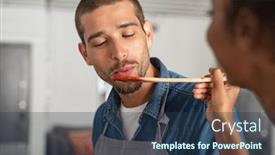  Presentation with sauce - Presentation theme having closeup face of young man blowing on spoon to taste tomato sauce while woman cooking in kitchen guy tasting food for dinner girl offering to her boyfriend a wooden spoon with sauce to taste background and a ocean colored foreground