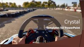  Presentation with hands holding - PPT theme consisting of closeup-go-kart-racer-driving background and a violet colored foreground