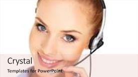  Presentation with receptionist - Cool new PPT theme with closeup head and shoulders portrait of a beautiful woman receptionist or call centre operator with a headset isolated on white backdrop and a lemonade colored foreground